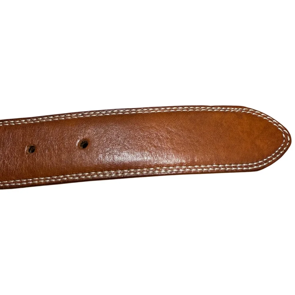 BRONZINO Brown Leather Belt Men's 34/85 Silver Buckle White Stitching Italy